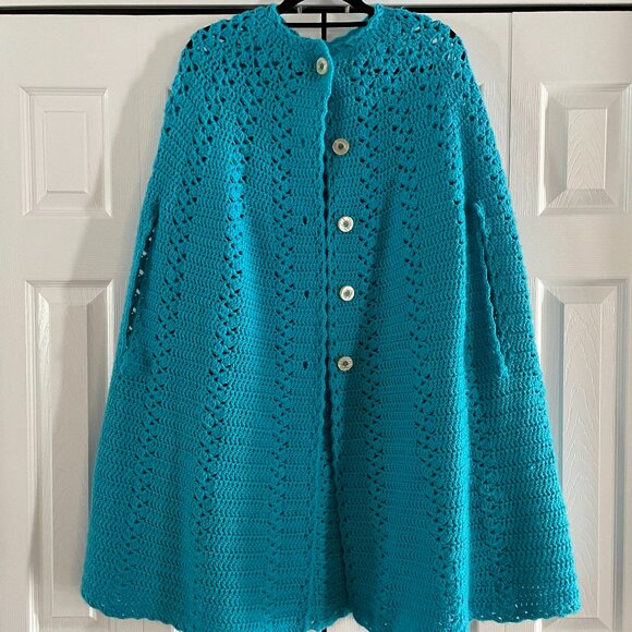 Vintage 70s Crochet Poncho Handmade Turquoise Blue Boho - Picture 2 of 11